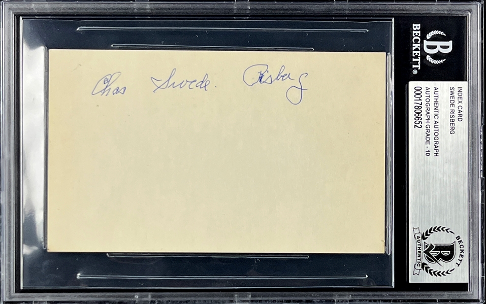 Swede Risberg Signed Index Card - GEM MINT 10 Signature (Encapsulated Beckett Authentic)