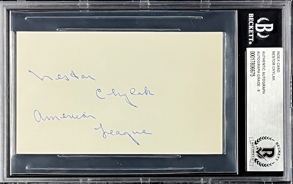 Nestor Chylak Signed Index Card - MINT 9 Signature (Encapsulated Beckett Authentic)