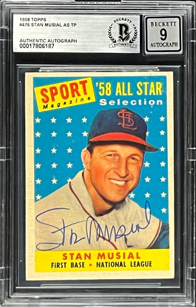 Stan Musial Signed 1958 Topps #476 AS - MINT 9 Signature (Encapsulated Beckett Authentic)