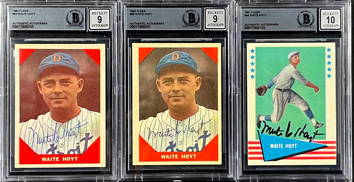 Waite Hoyt Signed 1960/1961 Fleer Trio All Graded GEM MINT 10 or MINT 9 Signature (Encapsulated Beckett Authentic)