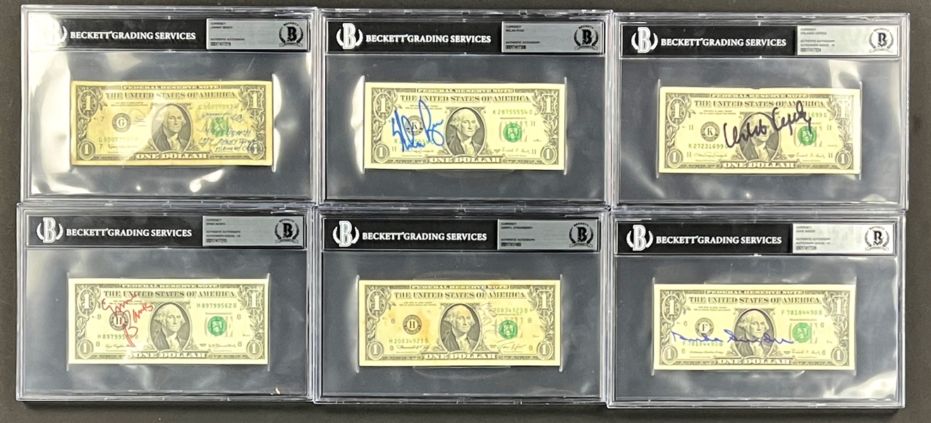 Baseball Hall of Famers and Stars Signed $1 Dollar Bill Collection (32) (ALL Encapsulated Beckett Authentic)