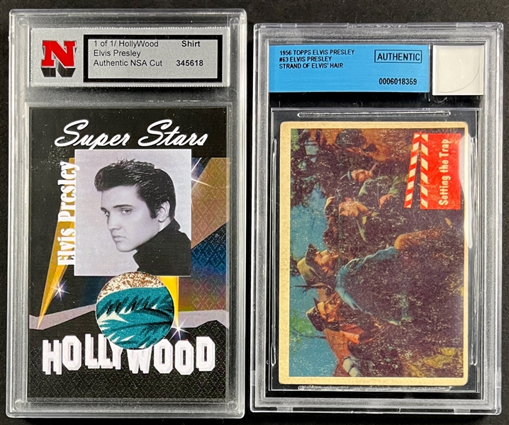 Elvis Presley Stand of Hair with 1956 Topps Card (Beckett Encapsulated) and Clothing Swatch Card