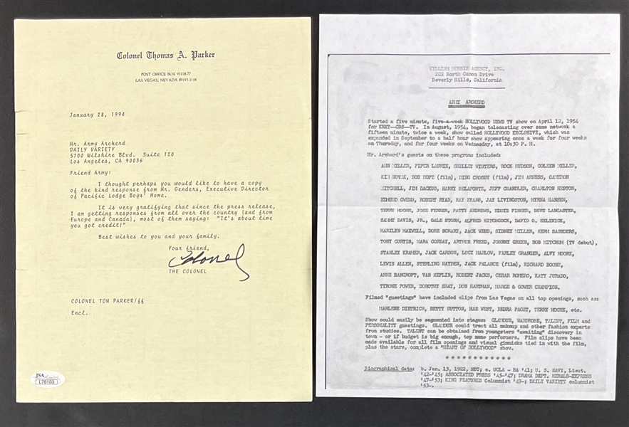 Colonel Parker and Priscilla Presley Signed Letters from Army Archerd Collection (Beckett Authentic)