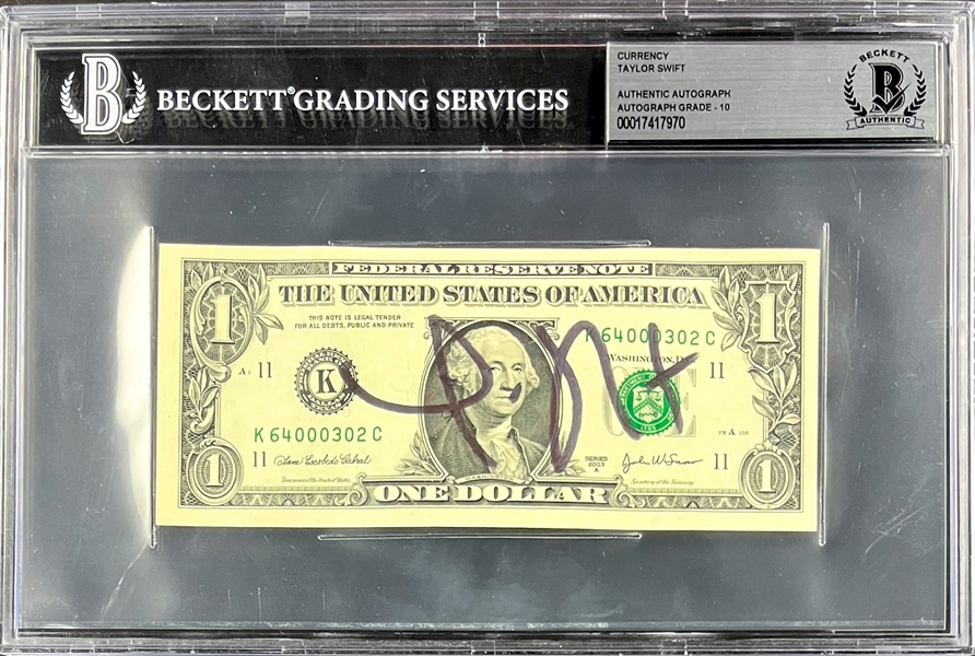 Taylor Swift Signed $1 Dollar Bill (Beckett Encapsulated - Auto. Grade 10!!)