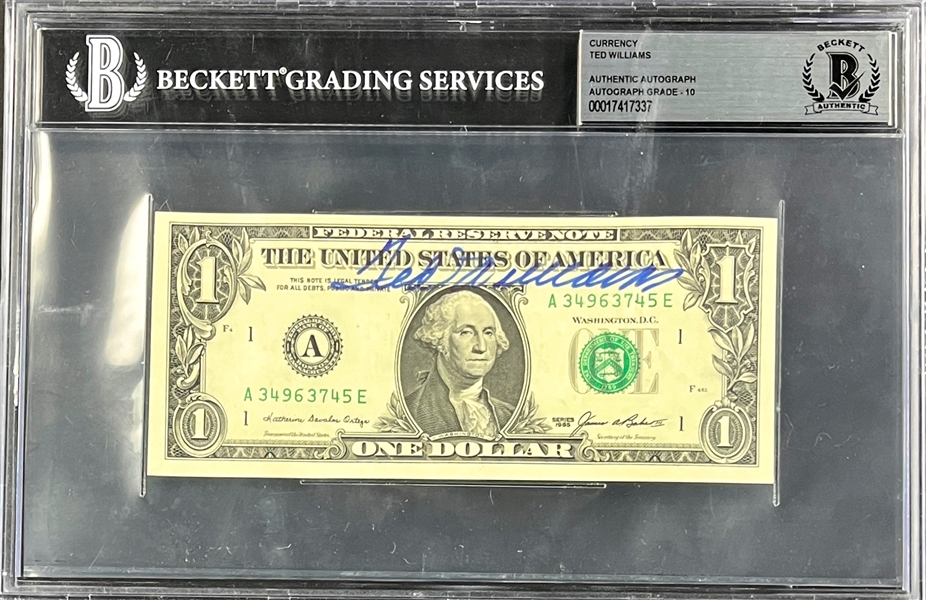 Ted Williams Signed $1 Dollar Bill (Beckett Encapsulated - Auto. Grade 10!!)