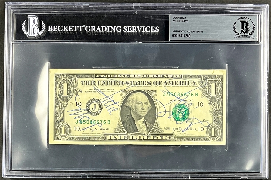 Willie Mays Twice-Signed $1 Dollar Bill (Beckett Encapsulated - Auto. Grade 10!!)