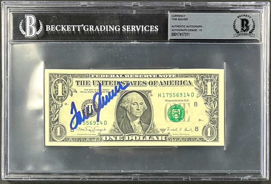 Tom Seaver Signed $1 Dollar Bill (Beckett Encapsulated - Auto. Grade 10!!)