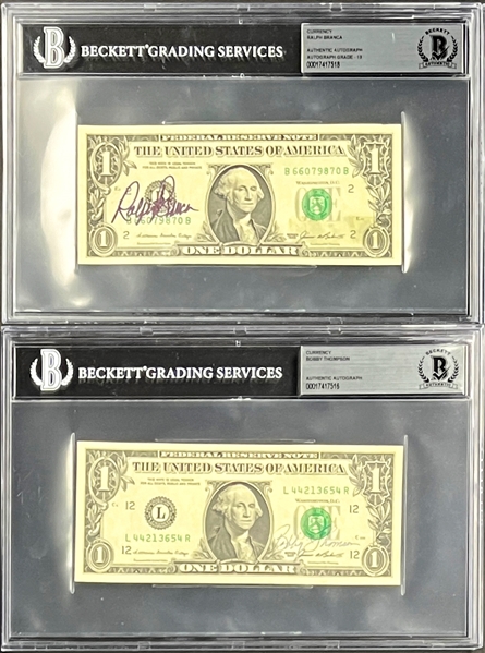 Bobby Thompson and Ralph Branca Signed $1 Dollar Bills (2) (Beckett Encapsulated - Auto. Grade 10!!)