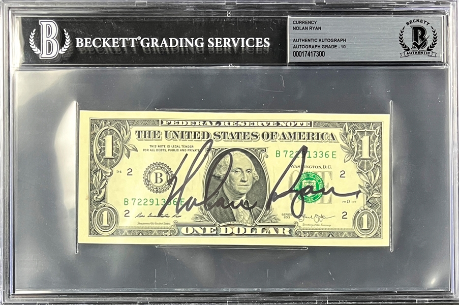 Nolan Ryan Signed $1 Dollar Bill (Beckett Encapsulated - Auto. Grade 10!!)