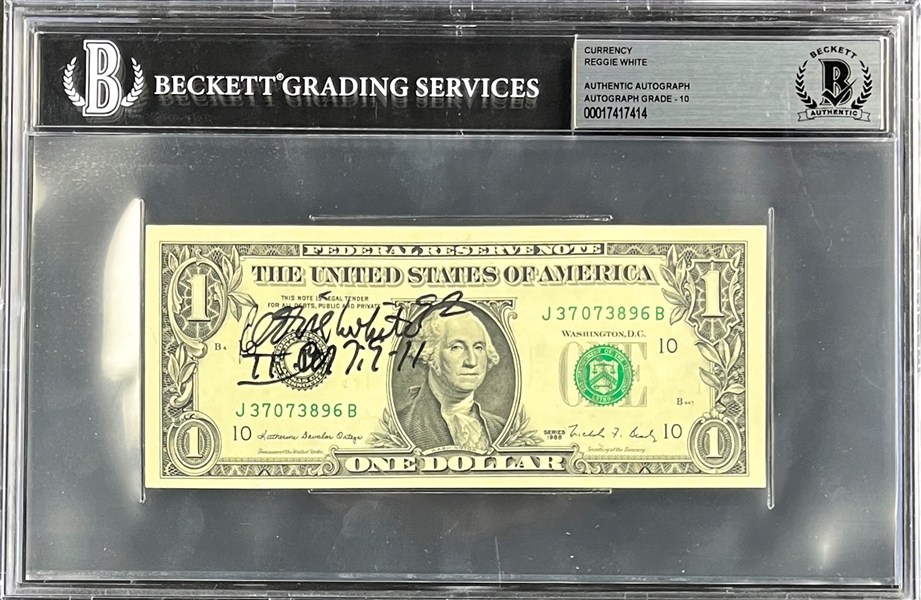 Reggie White Signed $1 Dollar Bill (Beckett Encapsulated - Auto. Grade 10!!)