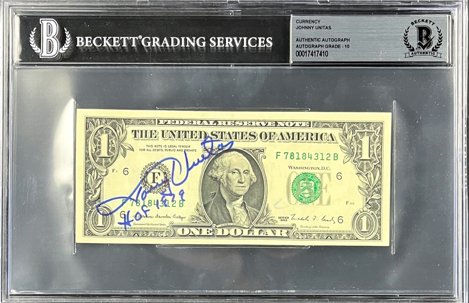 Johnny Unitas Signed $1 Dollar Bill (Beckett Encapsulated - Auto. Grade 10!!)