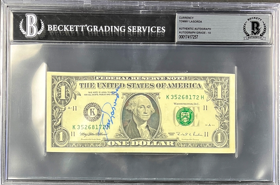 Tommy Lasorda Signed $1 Dollar Bill (Beckett Encapsulated - Auto. Grade 10!!)