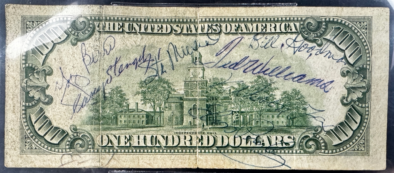 Elvis Presley Signed $100 Dollar Bill Also Signed by Ted Williams, Stan Musial, Casey Stengel and Others (Beckett Encapsulated)