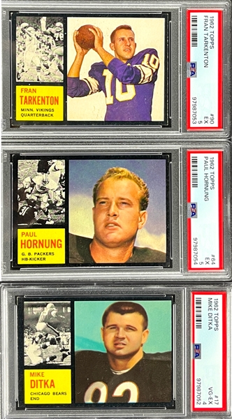 1962 Topps Football PSA-Graded Trio Incl. #17 Ditka, #90 Tarkenton and #64 Hornung (3)