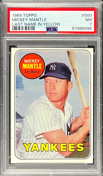 1969 Topps #500 Mickey Mantle Last Name in Yellow - PSA NM 7