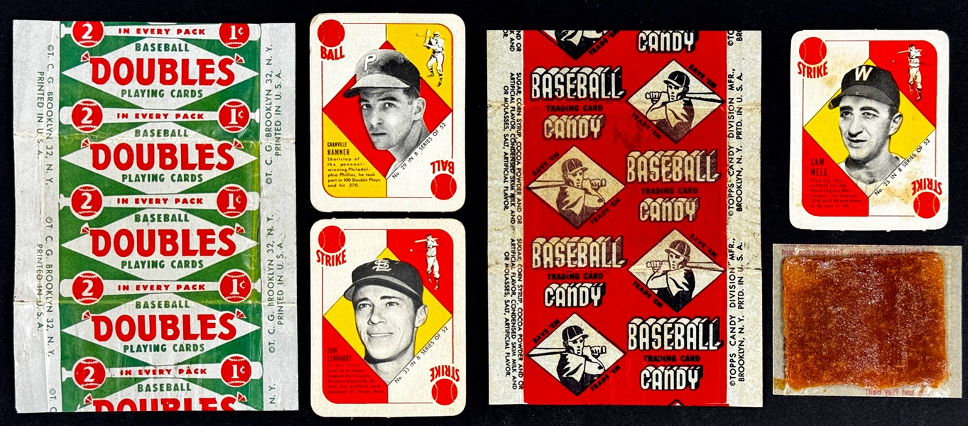 1951 Topps Blue Back 1-Cent Wrappers (2) Incl. Tougher Red Variation - Plus Cards and Caramel from one Pack