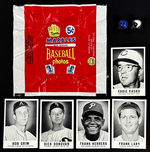 1960 Leaf Sports Novelties 5-Cent Wrapper Plus 5 Cards and Marbles from the Pack