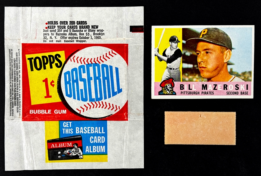 1960 Topps 1-Cent Wrapper "Album" Variation and 1960 Topps Tattoo Pack with Two Wrappers Plus #55 Bill Mazeroski and Gum from the Pack