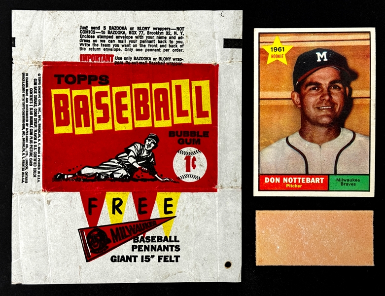 1961 Topps 1-Cent Wrapper "Pennants" Variation Plus #29 Don Nottebart and Gum from the Pack