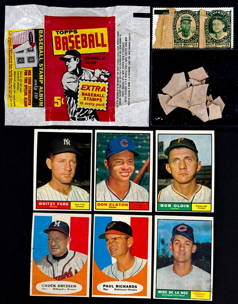 1961 Topps 5-Cent Wrapper "Stamp Album" Variation Plus 6 Cards, Stamps and Gum from the Pack