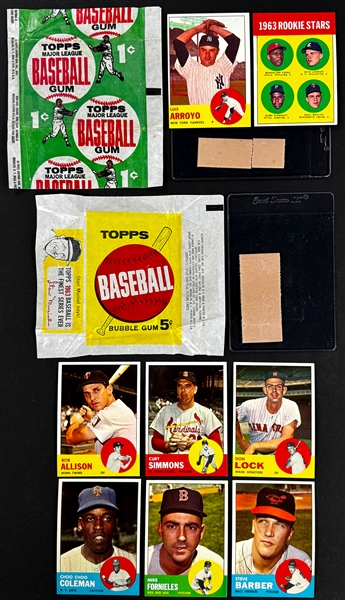 1963 Topps 5-Cent Wrappers (2) & 1962 1-Cent Wrapper (w/1963 Cards) Plus Cards and Gum from the Packs