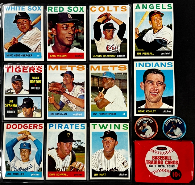 1964 Topps 10-Cent Cello Wrapper Plus 11 Cards and Two 64 Topps Coins from the Pack