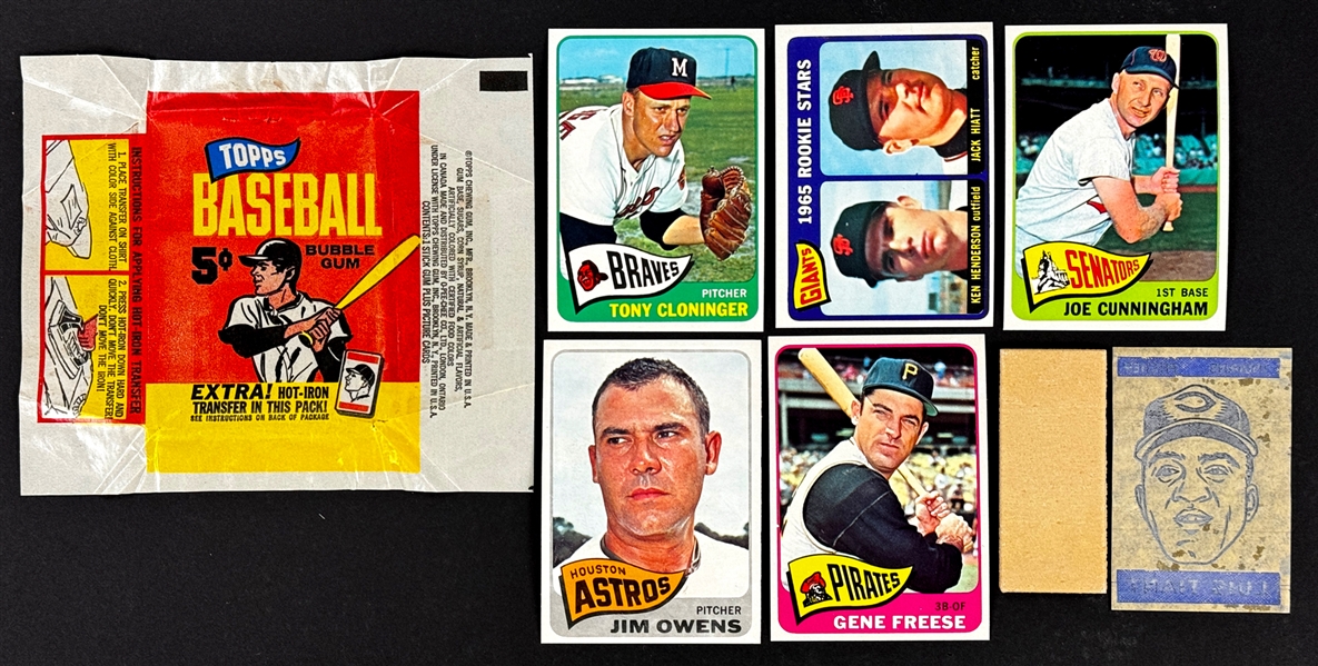 1965 Topps 5-Cent and 1-Cent Wrappers (3) Plus 12 Cards, Transfer and Gum from Each Pack