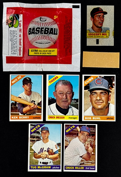 1966-69 Topps 5-Cent Wrappers (4) and 1-Cent 1968 Topps Fun Pack Wrapper Plus 21 Cards, Inserts and Gum from Each Pack