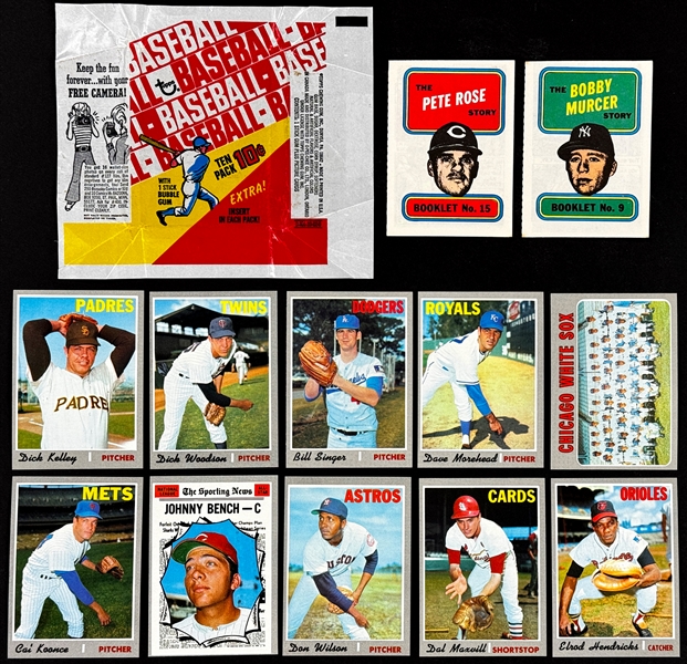 1970 Topps 10-Cent Wrappers (2) and Cello Wrapper Plus 55 Cards, Inserts and Gum from the Packs