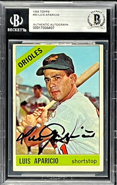 1966 Topps #90 Luis Aparicio Signed Card (Encapsulated Beckett Authentic)