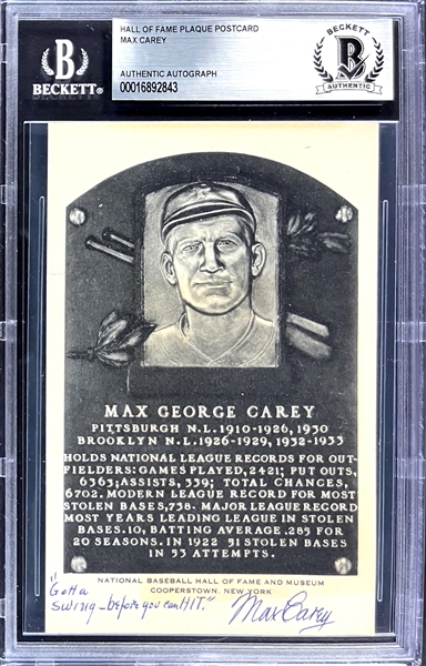 Max Carey Signed Black and White Hall of Fame Plaque (Encapsulated Beckett Authentic)