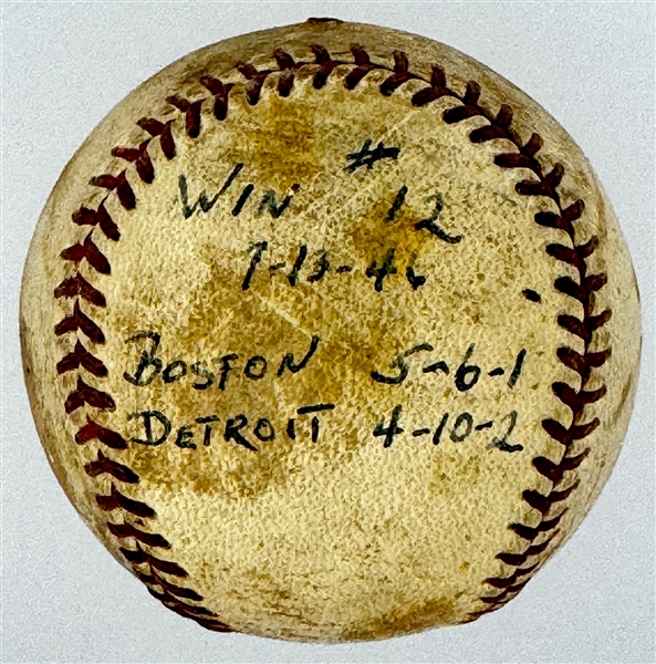 1946 Mickey Harris Win #12 ("7-13-46") Game Used Baseball - From his 17-Win Season