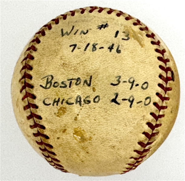 1946 Mickey Harris Win #13 ("7-18-46") Game Used Baseball - From his 17-Win Season