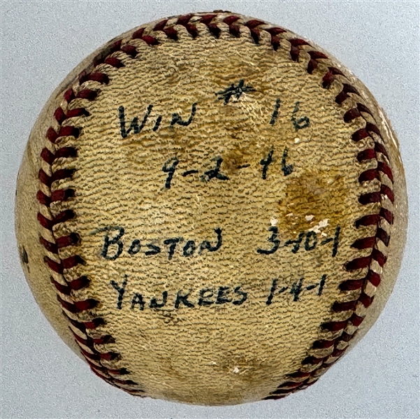 1946 Mickey Harris Win #16 ("9-2-46") Game Used Baseball - From his 17-Win Season