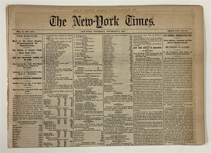 1860 <em>New York Times</em> with "Election of Abraham Lincoln" Headlines