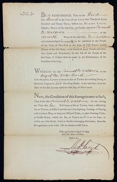 18th Century Mayor of New York Richard Varick Signed Document