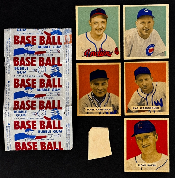 1949 Bowman 5-Cent Wrapper (Red/Blue Variation) Plus Five Cards and Gum from the Pack