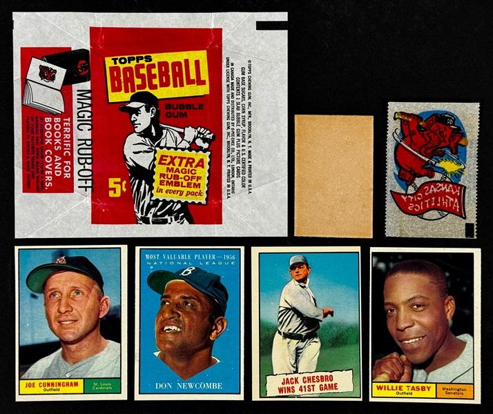 1961 Topps 5-Cent Wrapper "Magic Rub-Off" Variation Plus 4 Cards, Rub-Off and Gum from the Pack