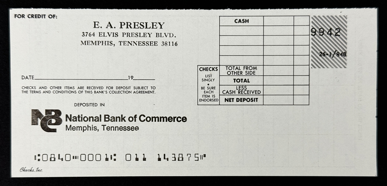 Elvis Presley National Bank of Commerce Deposit Slip from His Personal Checkbook