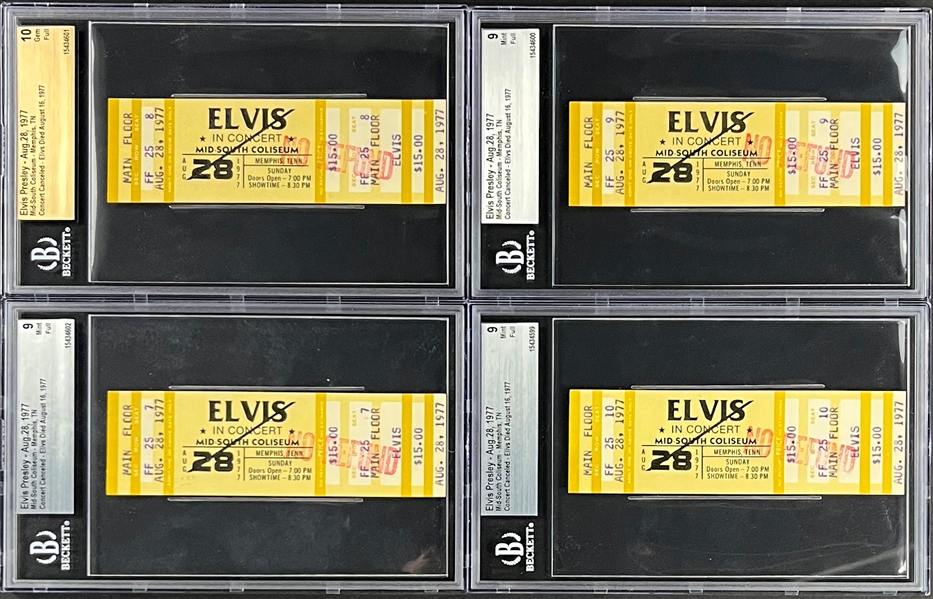 Four Consecutive Elvis Presley FULL Tickets from August 28, 1977, Concert at The Mid-South Coliseum ALL Graded MINT 9 by Beckett