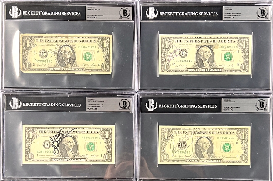 Football Hall of Famer Signed $1 Dollar Bill Collection (8) (ALL Encapsulated by Beckett Authentic)