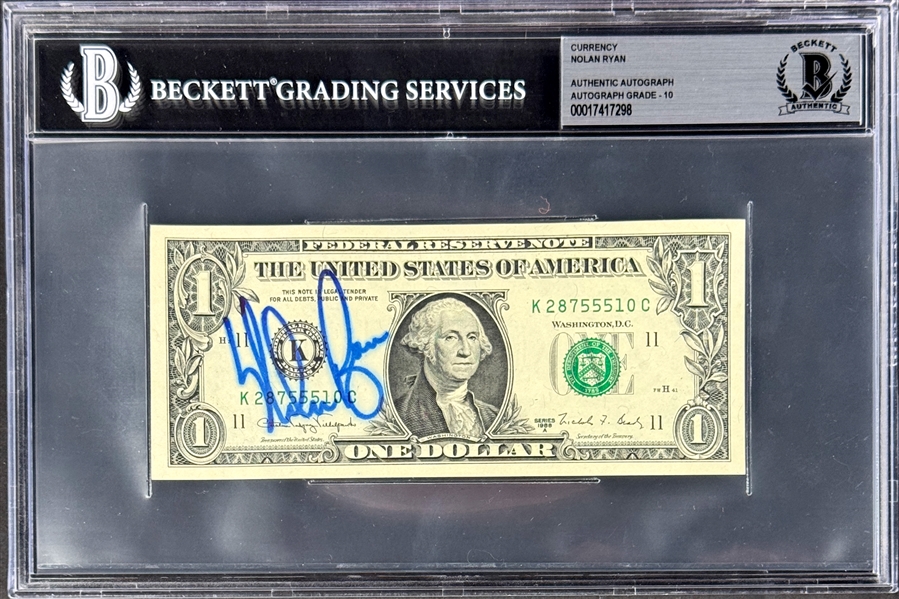 Nolan Ryan GEM MINT 10 Signed $1 Dollar Bill (Beckett Encapsulated)