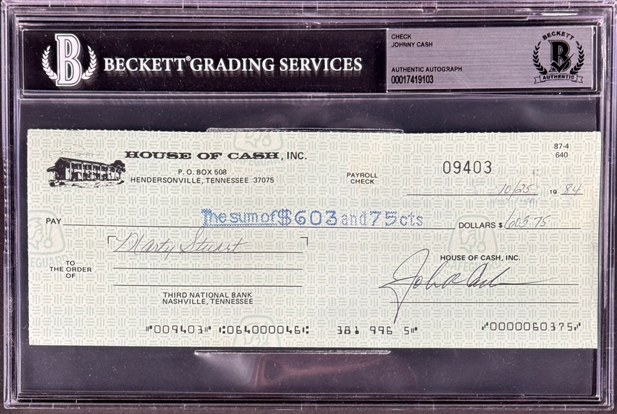 Johnny Cash Signed "House of Cash" Check to Marty Stuart (Encapsulated Beckett Authentic)