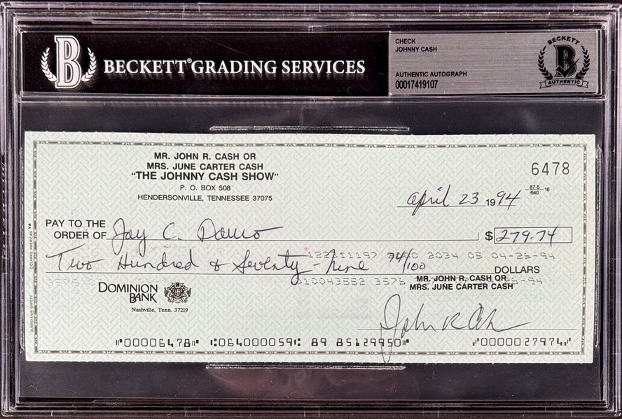 Johnny Cash Signed "Johnny Cash Show" Check to Touring Production Manager (Encapsulated Beckett Authentic)