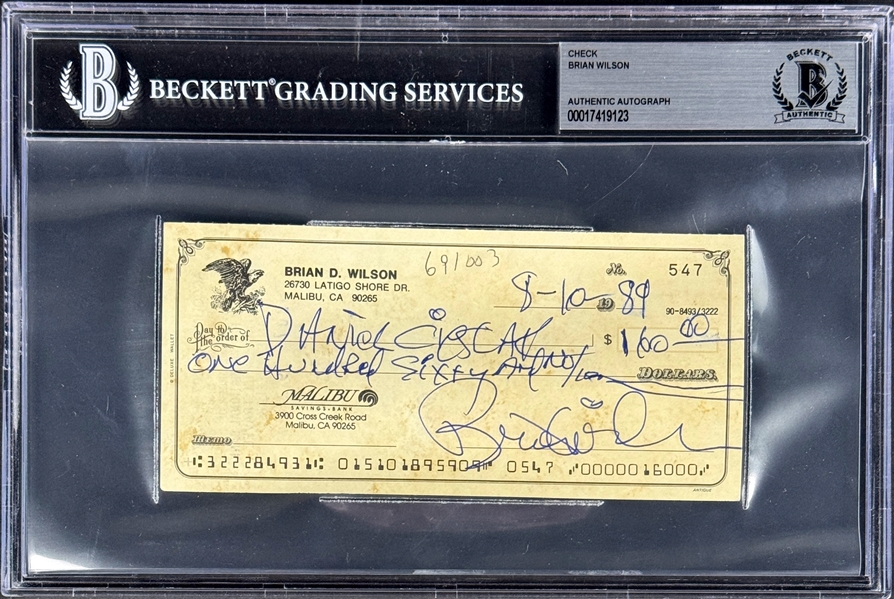 Brian Wilson (Beach Boys) Signed Check (Encapsulated Beckett Authentic)