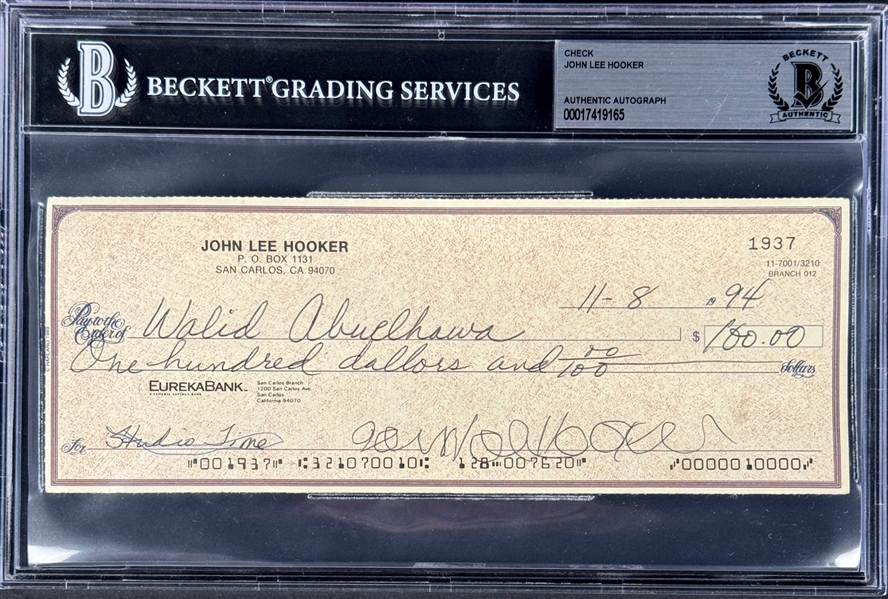 John Lee Hooker Signed Check for "Studio Time" (Encapsulated Beckett Authentic)