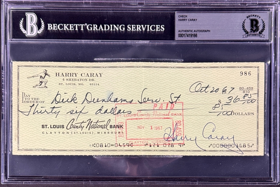 Harry Caray Signed Check while Working for St. Louis Cardinals (Encapsulated Beckett Authentic)