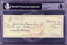 Harry Caray Signed Check while Working for St. Louis Cardinals (Encapsulated Beckett Authentic)