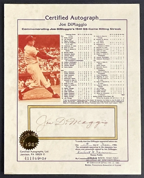 Joe DiMaggio Signed 1941 56 Game Hitting Streak Commemorative Display (Beckett Authentic)