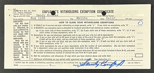 Sandy Koufax Signed 1967 IRS W-4 Form for His First Year of Retirement from the Los Angeles Dodgers (Beckett Authentic)